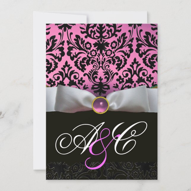 INVITACIÓN BLANCO RIBBON PINK LILAC BLACK DAMASK MONOGRAM (Anverso)