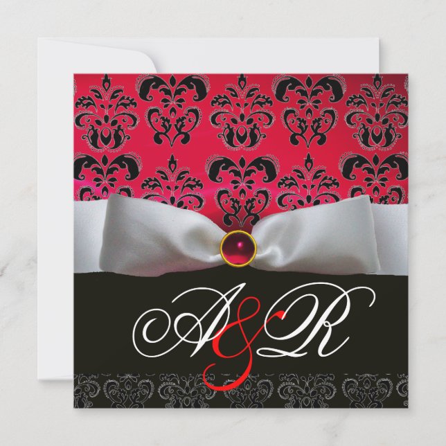 INVITACIÓN BLANCO RIBBON ROJO BURGUNDY NEGRO DAMASK MONOGRAM (Anverso)