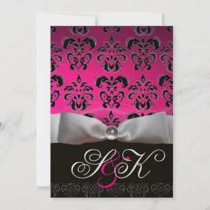 INVITACIÓN BLANCO RIBBÓN ROSA FUCHSIA NEGRO DAMASK MONOGRAM