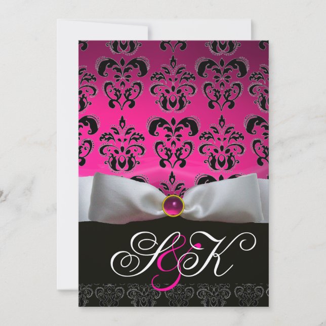 INVITACIÓN BLANCO RIBBÓN ROSA FUCHSIA NEGRO DAMASK MONOGRAM (Anverso)