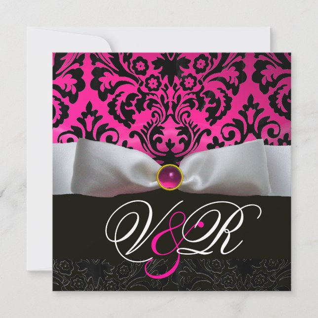 INVITACIÓN BLANCO RIBBÓN ROSA FUCHSIA NEGRO DAMASK MONOGRAM (Anverso)