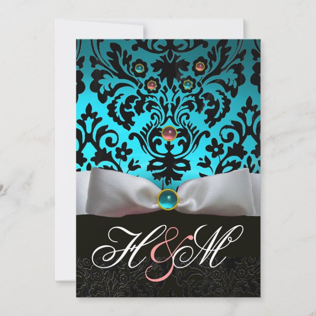 INVITACIÓN BLANCO RIBBÓN VERDE AZULADO ROSA AZUL NEGRO DAMASK (Anverso)