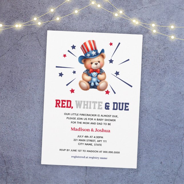 Invitación Blanco Rojo Debido Al 4 De Julio Chico Baby Shower (Red White Due 4th Of July Boy Baby Shower Invitation
)