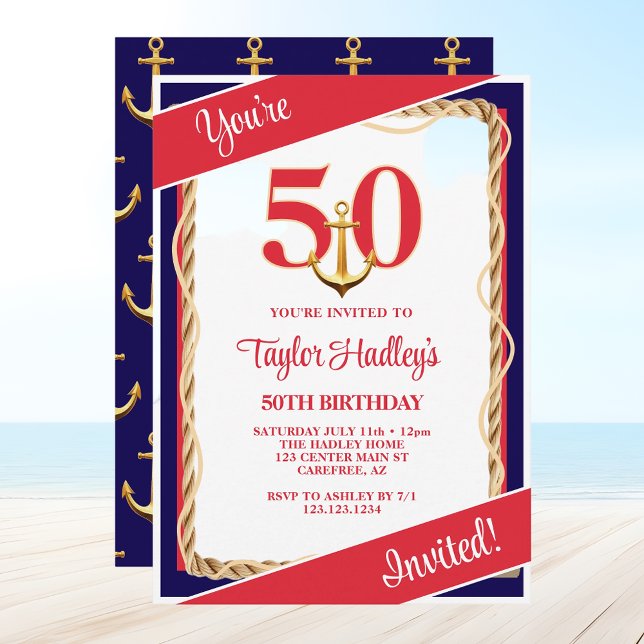 Invitación Blanco Rojo Náutico y Azul 50 cumpleaños (Subido por el creador)