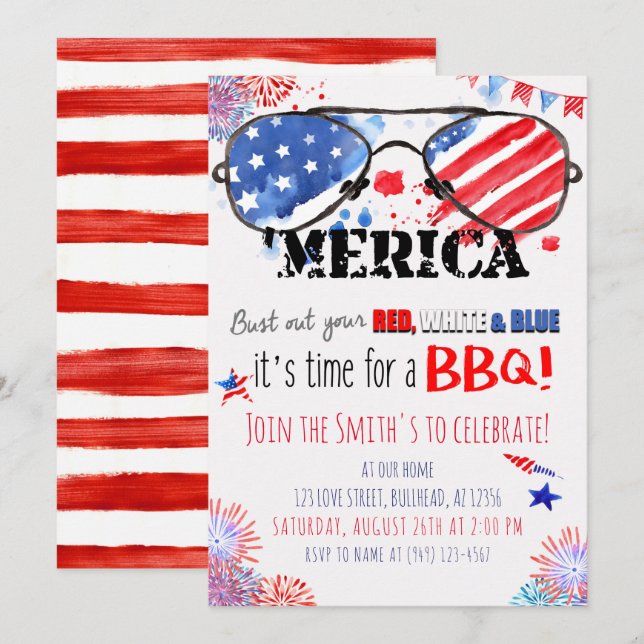 Invitación Blanco Rojo Patriótico y Azul 4 de Julio BBQ (Anverso / Reverso)