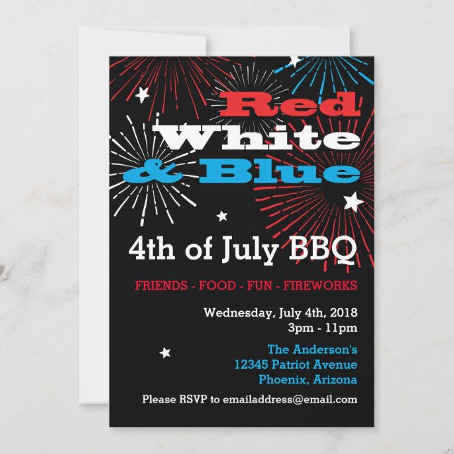 Invitación Blanco Rojo y Azul 4 de julio (Anverso)