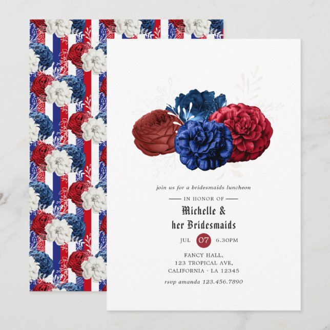 Invitación Blanco Rojo y Azul 4 de julio Bridesmaids Luncheon (Anverso / Reverso)