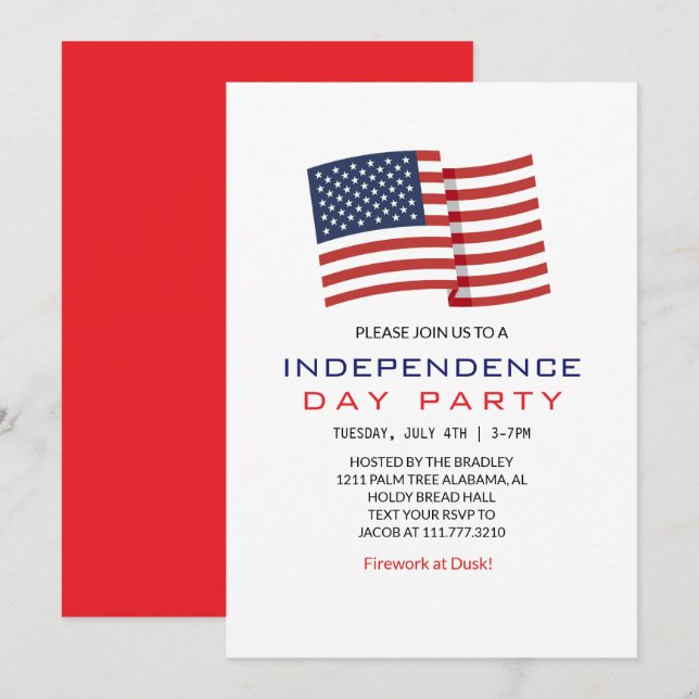 Invitación Blanco Rojo y Azul 4 de julio Día de la Independen (Anverso / Reverso)