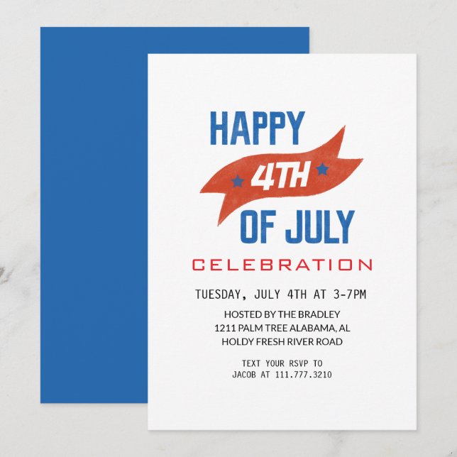 Invitación Blanco Rojo y Azul 4 de julio Día de la Independen (Anverso / Reverso)
