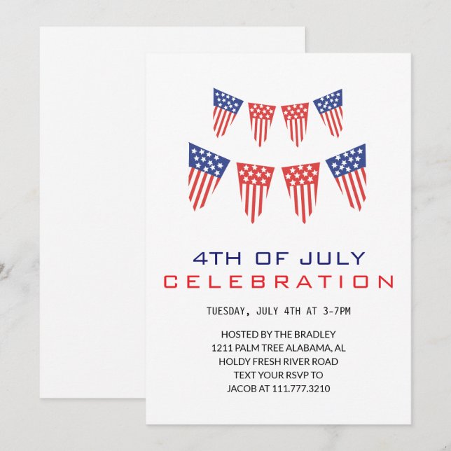 Invitación Blanco Rojo y Azul 4 de julio Día de la Independen (Anverso / Reverso)