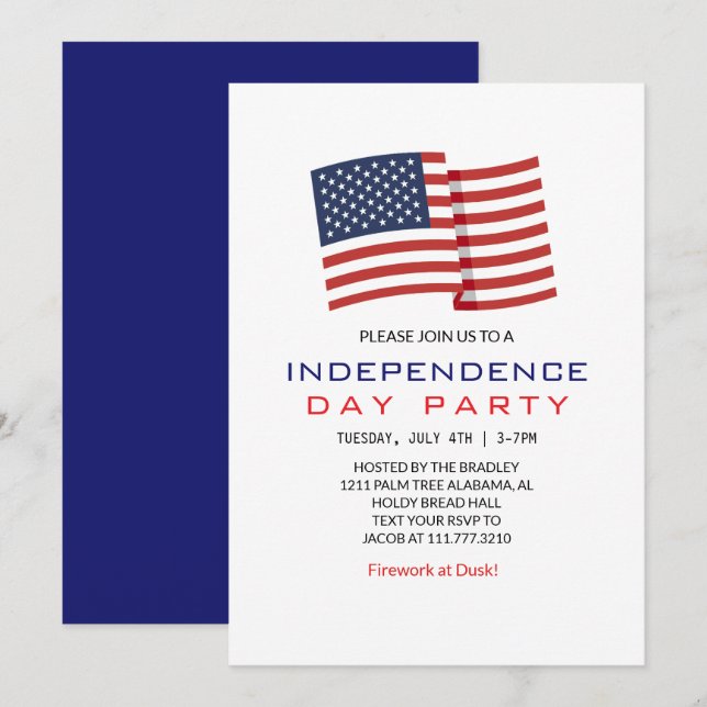 Invitación Blanco Rojo y Azul 4 de julio Día de la Independen (Anverso / Reverso)
