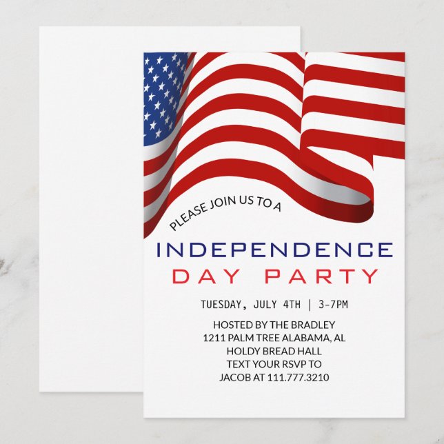 Invitación Blanco Rojo y Azul 4 de julio Día de la Independen (Anverso / Reverso)