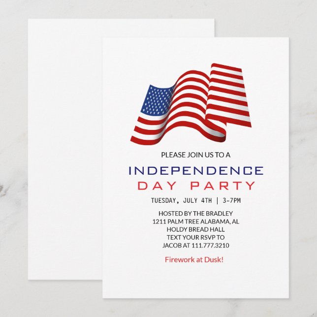 Invitación Blanco Rojo y Azul 4 de julio Día de la Independen (Anverso / Reverso)