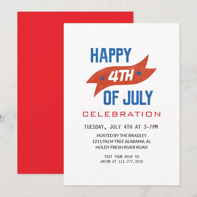 Invitación Blanco Rojo y Azul 4 de julio Día de la Independen (Anverso / Reverso)