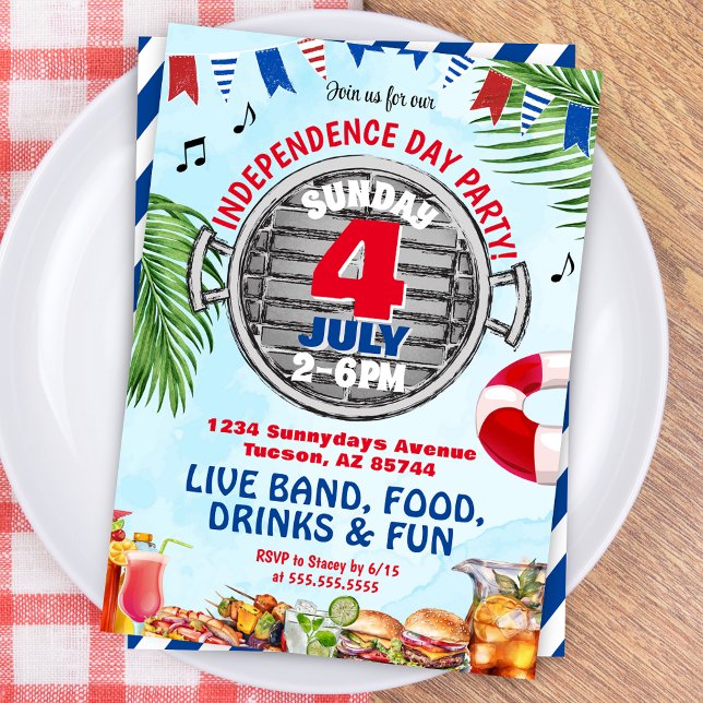 Invitación Blanco Rojo y Azul 4 de julio Fiesta de piscina BB (Modern Patriotic Pool Party Barbeque Invitation for Independence Day, 4th of July or Memorial Day)
