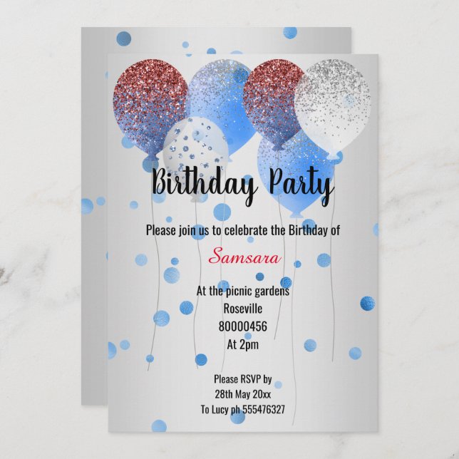 INVITACIÓN BLANCO ROJO Y AZUL BALLONES DE CUMPLEAÑOS PUNTO DE (Anverso / Reverso)