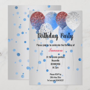 INVITACIÓN BLANCO ROJO Y AZUL BALLONES DE CUMPLEAÑOS PUNTO DE