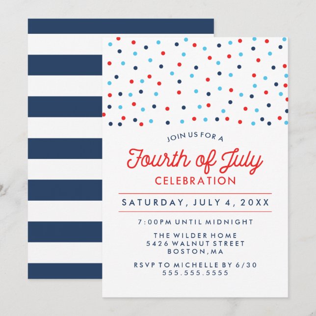 Invitación Blanco rojo y azul | Celebración del 4 de julio (Anverso / Reverso)