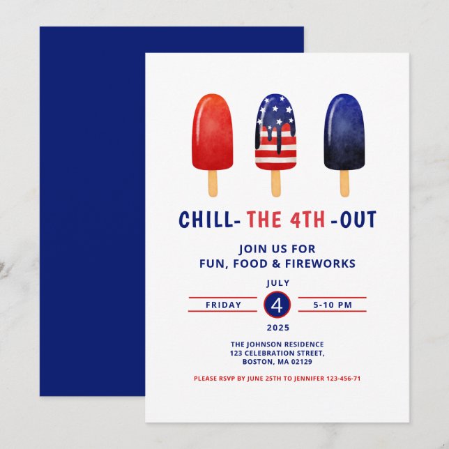 Invitación Blanco Rojo Y Azul Cutáneo 4 De Julio (Anverso / Reverso)