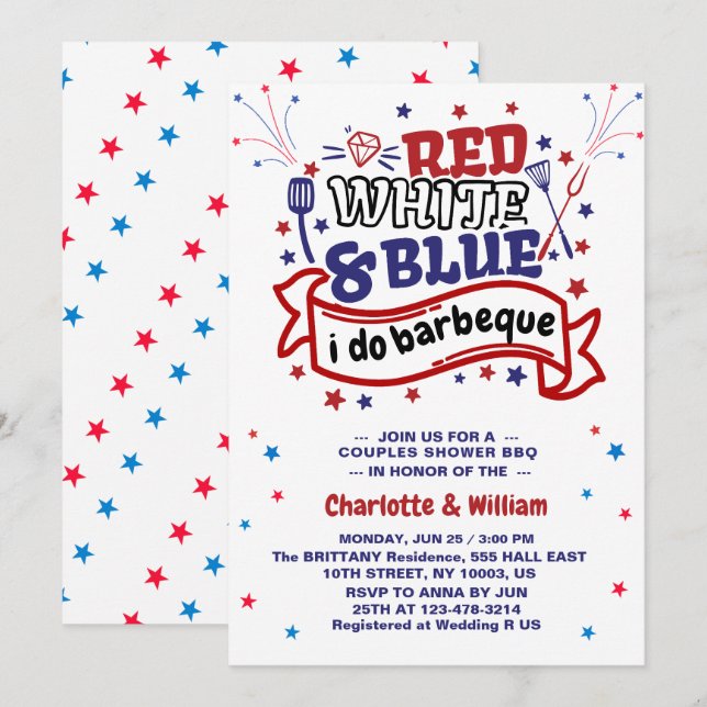 Invitación Blanco Rojo y Azul do BBQ Pareja Ducha de novia (Anverso / Reverso)