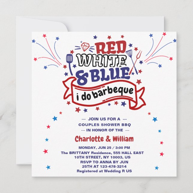Invitación Blanco Rojo y Azul do BBQ Pareja Ducha de novia (Anverso)
