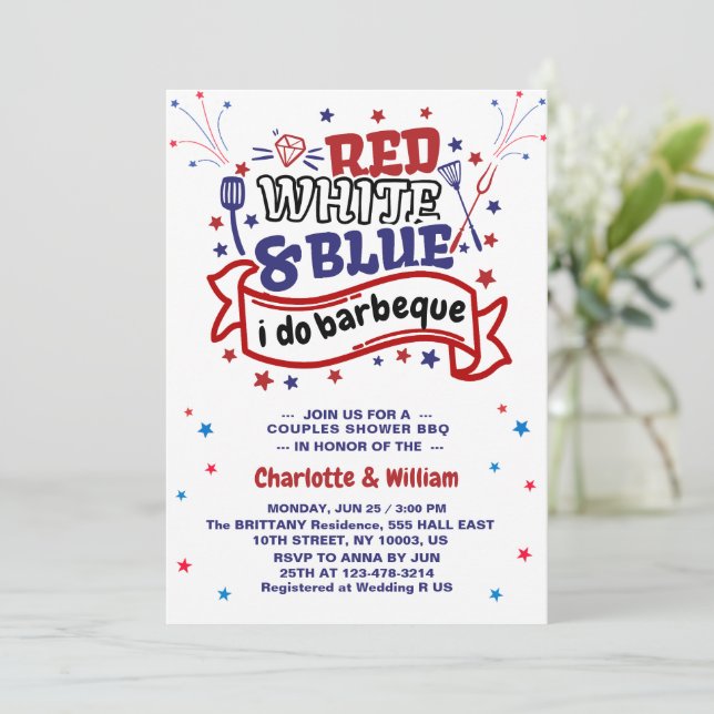 Invitación Blanco Rojo y Azul do BBQ Pareja Ducha de novia (Anverso de pie)