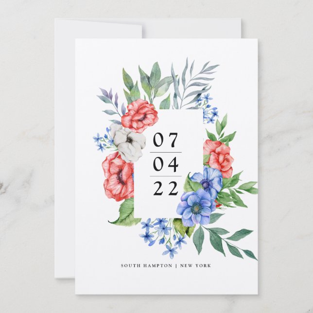 Invitación Blanco rojo y azul | Floral Guardar la fecha Invit (Anverso)