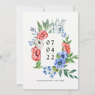 Invitación Blanco rojo y azul   Floral Guardar la fecha Invit
