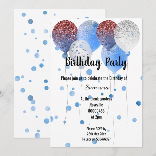 INVITACIÓN BLANCO ROJO Y BALLÓN AZUL BLANCO DE CUMPLEAÑOS (Anverso / Reverso)