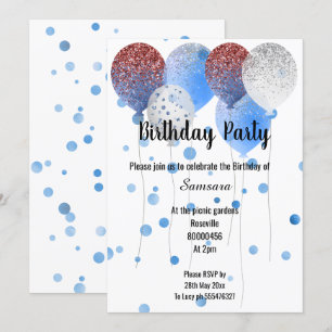 INVITACIÓN BLANCO ROJO Y BALLÓN AZUL BLANCO DE CUMPLEAÑOS