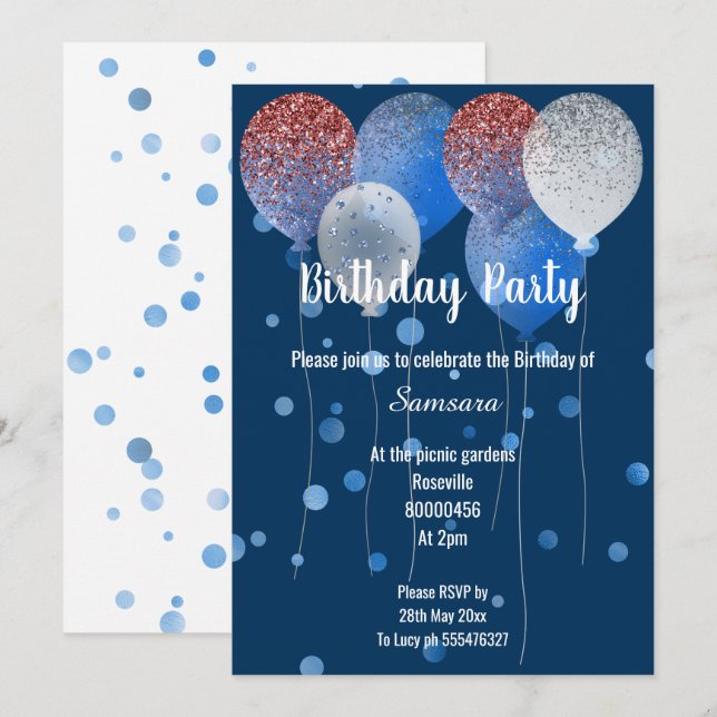 INVITACIÓN BLANCO ROJO Y BALLÓN AZUL DE CUMPLEAÑOS NAVY SPOT (Anverso / Reverso)