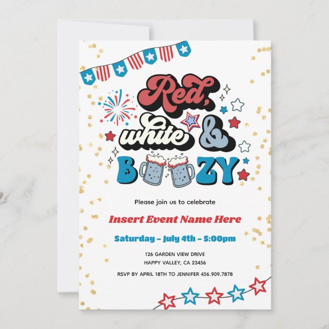 Invitación Blanco Rojo y Boozy 4 de Julio Fiesta Adulto (Anverso)