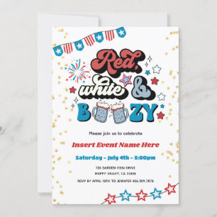 Invitación Blanco Rojo y Boozy 4 de Julio Fiesta Adulto