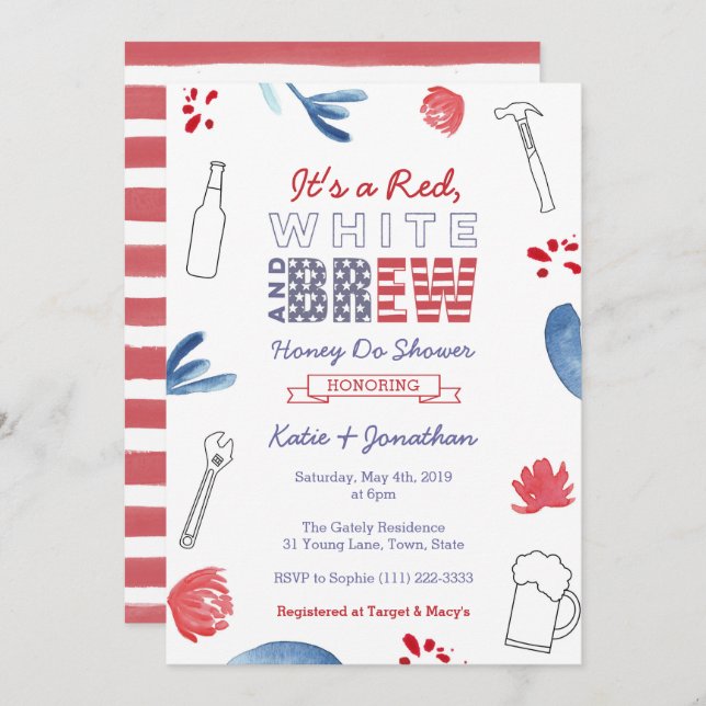 Invitación Blanco Rojo y Breve Miel Do o Ducha Pareja (Anverso / Reverso)