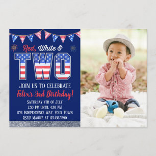 Invitación Blanco Rojo y DOS Niños 4 de Julio Cumpleaños