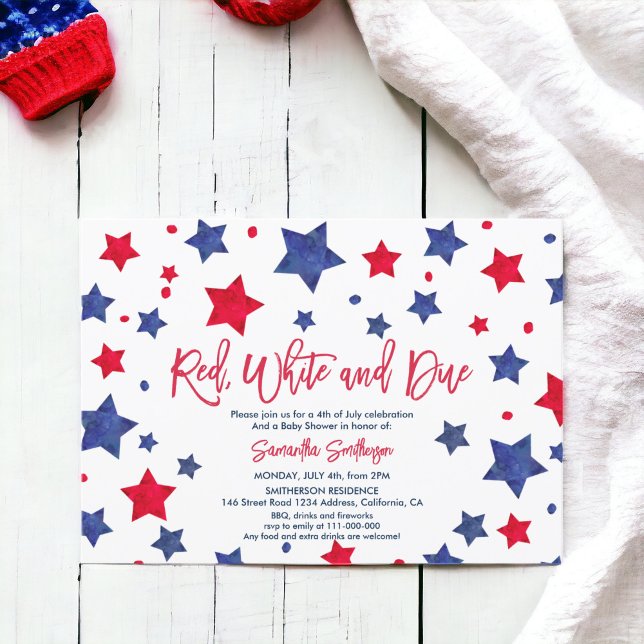 Invitación Blanco rojo y estrellas del 4 de julio de la ducha (Red white and due stars 4th of July baby shower Invitation)