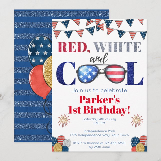 Invitación Blanco rojo y Guay 4 de julio cumpleaños (Anverso / Reverso)