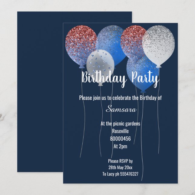INVITACIÓN BLANCO ROJO Y NAVY BLUE BALLÓN DE CUMPLEAÑOS (Anverso / Reverso)