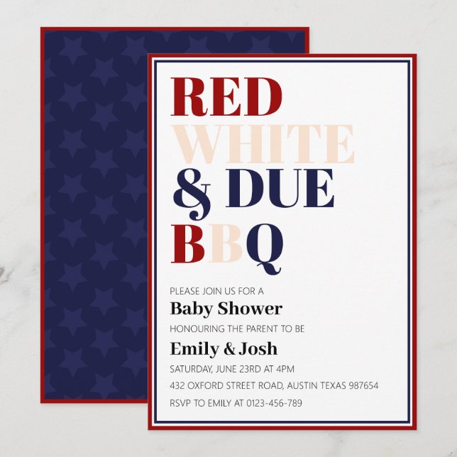 Invitación Blanco Rojo y Vencimiento 4 de Julio Baby Shower (Anverso / Reverso)