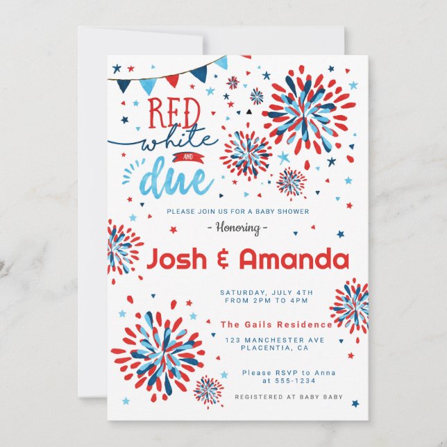 Invitación Blanco Rojo y Vencimiento 4 de Julio Baby Shower (Anverso)