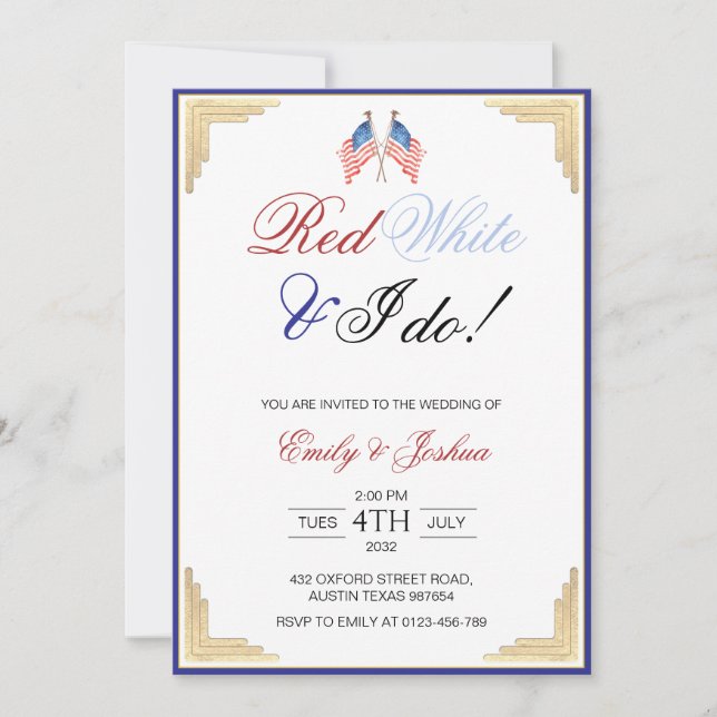 Invitación Blanco rojo y yo hacemos Boda patriótico americano (Anverso)