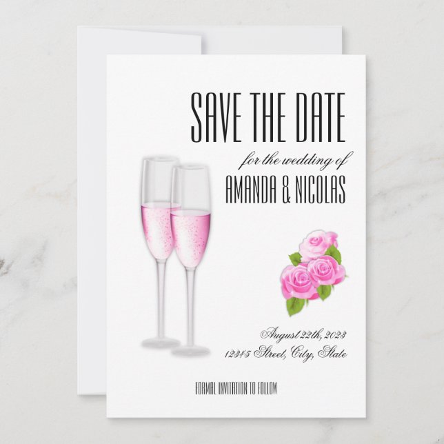Invitación Blanco rosa elegante moderno Guarde la fecha Bodas (Anverso)