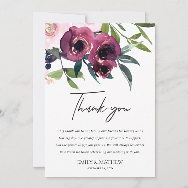 INVITACIÓN BLANCO RUBOR BURGUNDY FLORA BUNCH BODA GRACIAS (Anverso)