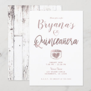 Invitación Blanco Rústico Rosa Dorado 15 Quinceañera
