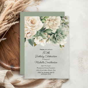 Invitación Blanco Salvia Verde Floral Oro Cumpleaños 50