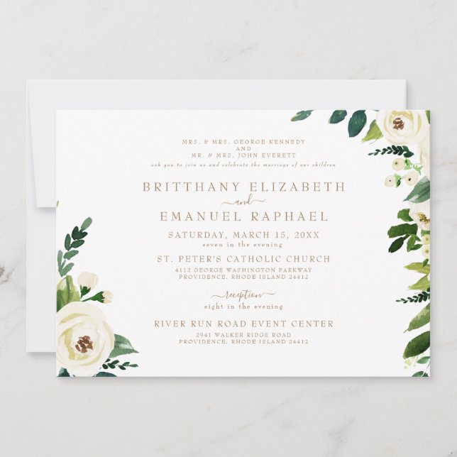 Invitación Blanco simple ambos padres Boda de texto oro (Anverso)