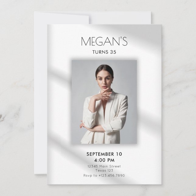 Invitación Blanco, simple, moderno y elegante foto cumpleaños (Anverso)