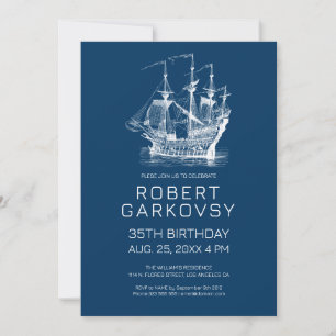 Invitación Blanco sobre Blue Vintage Wind Sailing Boat