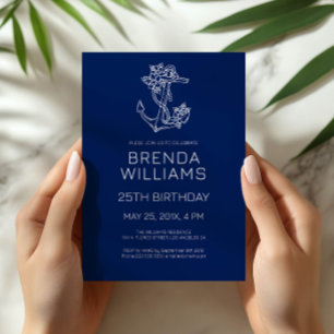 Invitación Blanco sobre Floral Azul Ancla Azul Fiesta de Cump