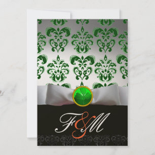 INVITACIÓN BLANCO VERDE DAMASCO & MONOGRAMA TREBOL DE CUATRO 